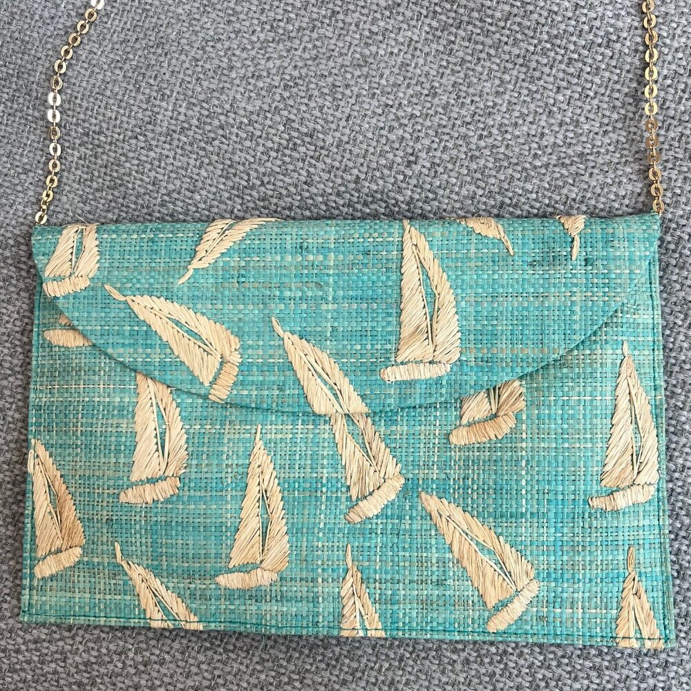 Kayu For Vineyard Vines Embroidered Woven Raffia Sailboat Envelope Clutch (Blue)